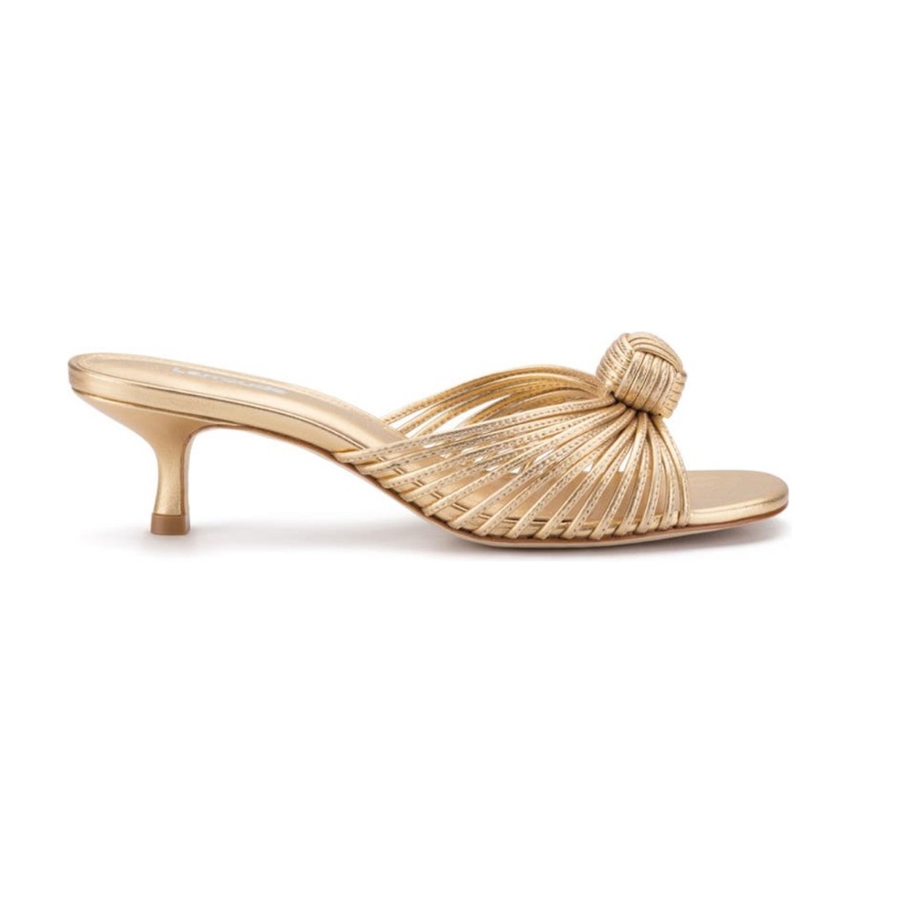 Gold Wedding Guest Shoe Larroude Valerie Kitten Heel Slide Sandal - Picture 4 of 5